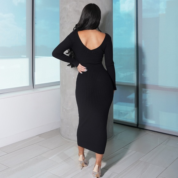 SOLD OUT Black Long Sleeve Ribbed Knit Dress - Picture 5 of 7
